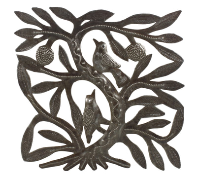 metal wall art, metal wall décor, birds in a tree, Haitian metal art, oil drum metal art